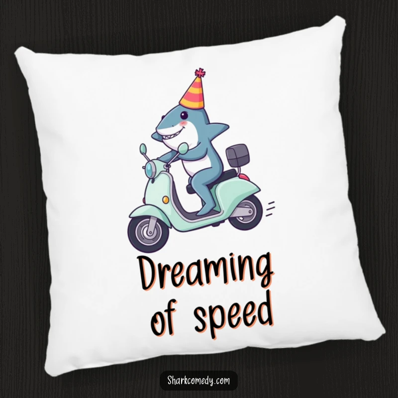 Funny shark pillow with a shark in a party hat zooming on a scooter, offering comfort with a side of wild fun.