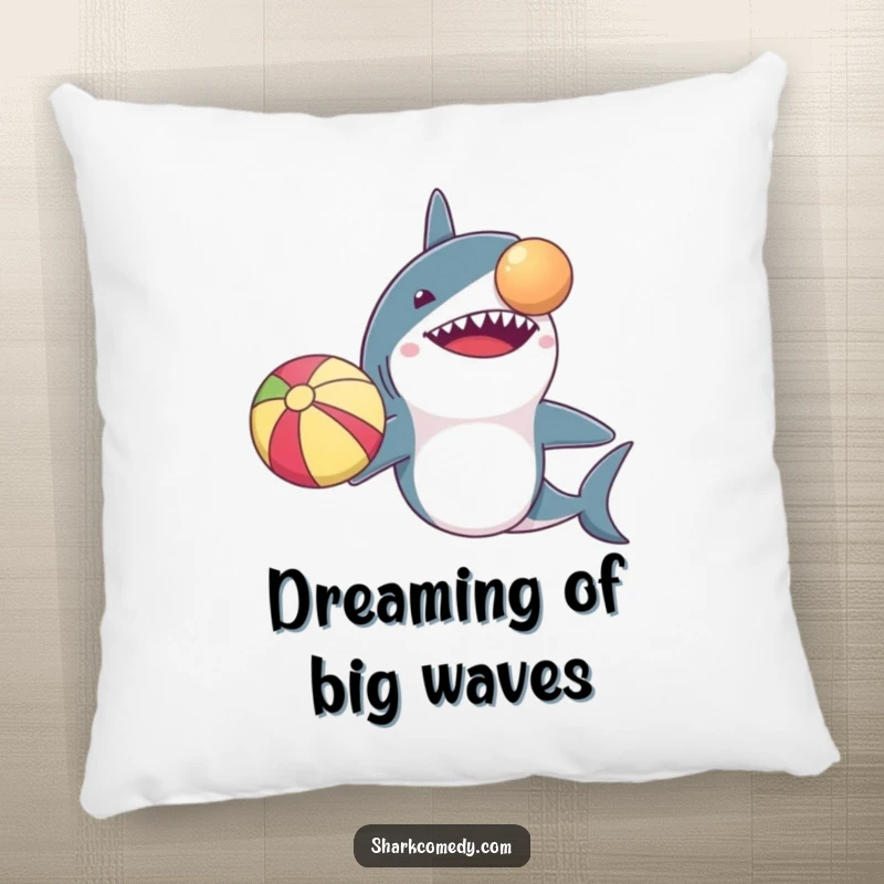 Funny pillow design of a shark with comically small arms trying to balance a beach ball on its nose. Soft, comfortable, and humorous.