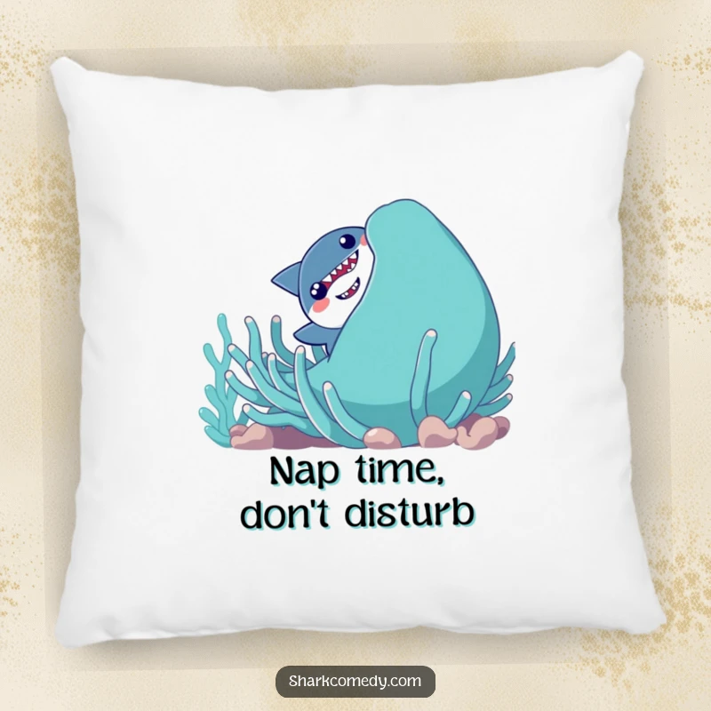 Funny shy shark character peeking from behind a giant, smiling sea anemone, printed on a soft, decorative pillow.