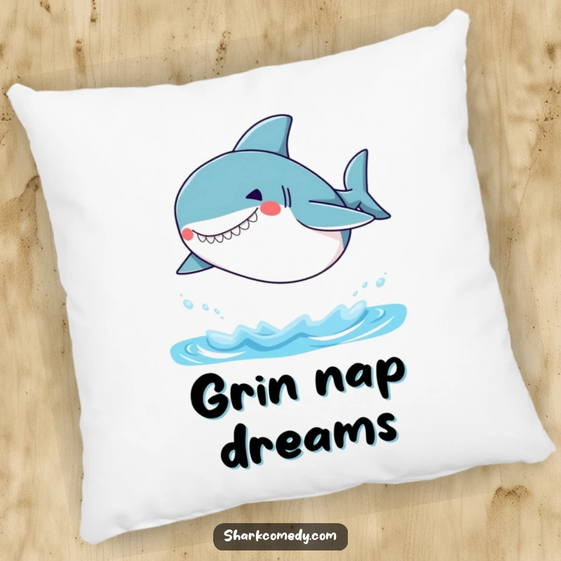 Funny Small Shark Pillow featuring a small shark with a silly grin, joyfully leaping out of the water, perfect for comfort and humor.