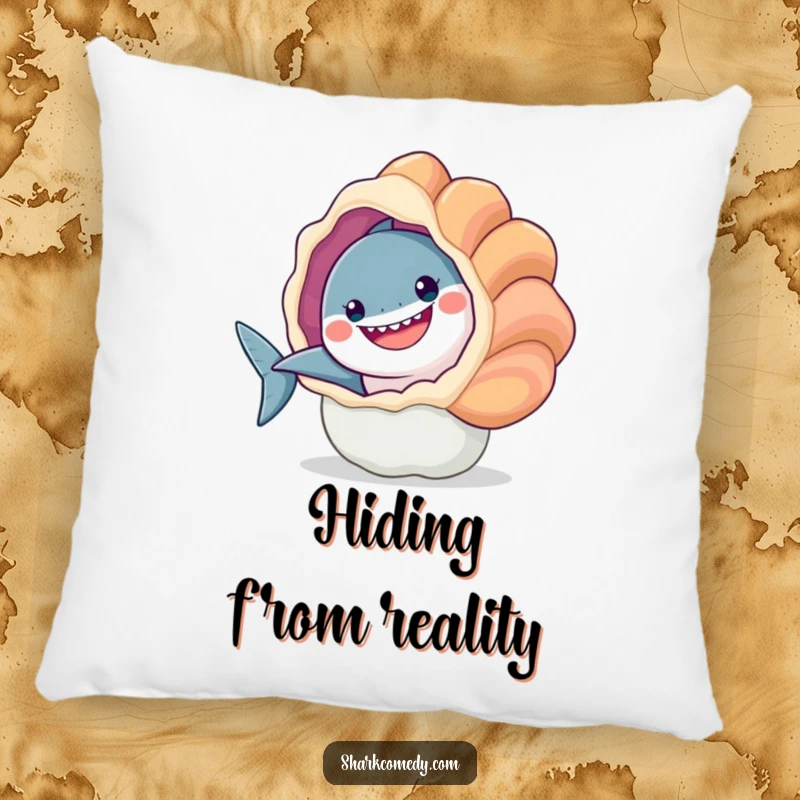 Funny pillow design of a happy shark peeking from behind a large, colorful seashell. Soft, cozy, and amusing.