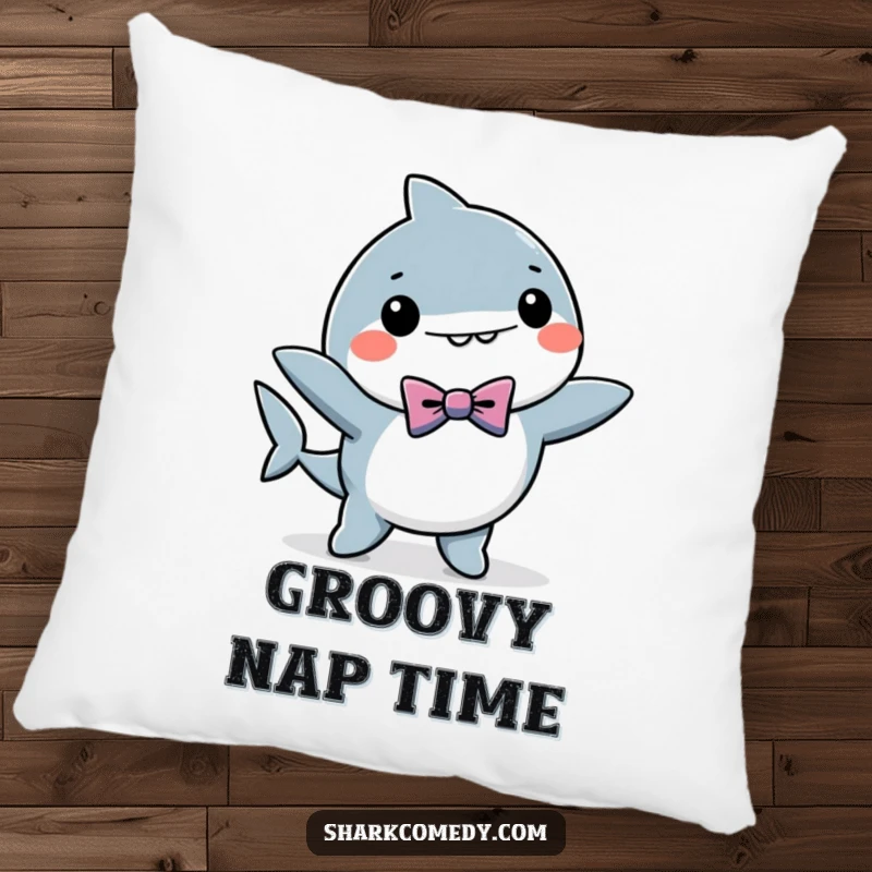 Plush, funny kawaii shark pillow with a bow tie, captured in a dancing pose, delivering comfort and humor as a gift.