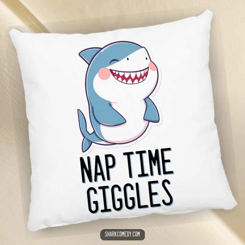 Funny giggling shark pillow, depicting a shark laughing heartily with its belly, offering comfort with a side of pure mirth.