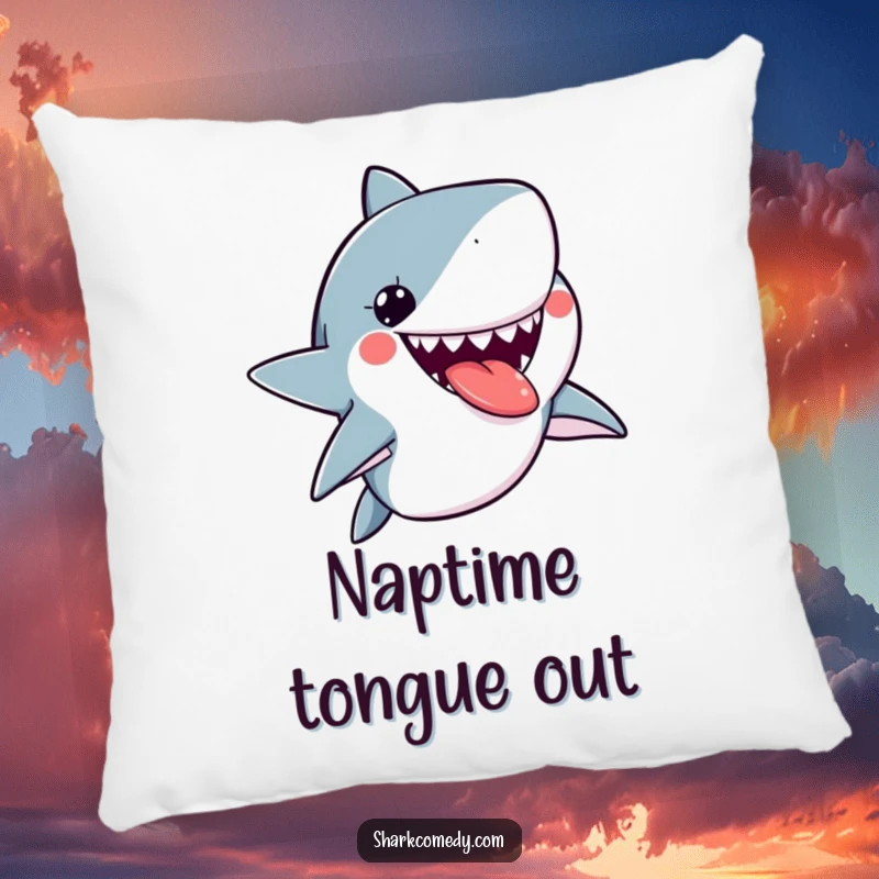 Funny kawaii shark pillow showing a cute shark sticking its tongue out playfully, offering comfort and a cheeky vibe.