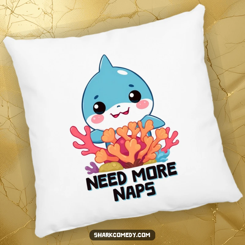 Funny Kawaii Shark Pillow: Cozy pillow showcasing a shy kawaii shark peeking from a colorful coral.