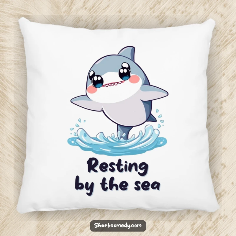 Soft pillow featuring a kawaii shark with big, innocent eyes, joyfully leaping from water, perfect for cute and cozy decor.