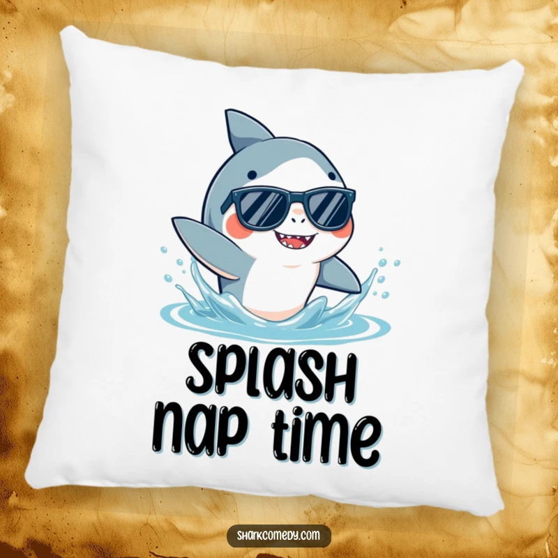 Funny Shark Sunglasses Pillow featuring a cool shark in sunglasses, playfully splashing water, perfect for comfort and a touch of humor.