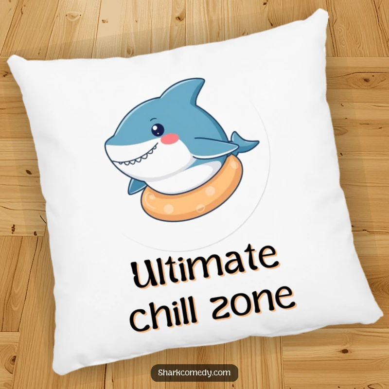 Funny kawaii shark pillow featuring a cute shark floating on a rubber ring, exuding ultimate relaxation and cozy vibes.