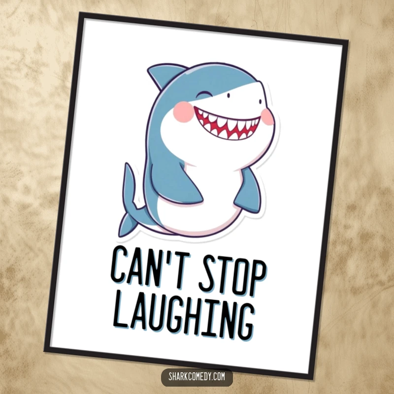 Funny giggling shark digital art print of a shark laughing uncontrollably with its belly, symbolizing pure, contagious amusement.