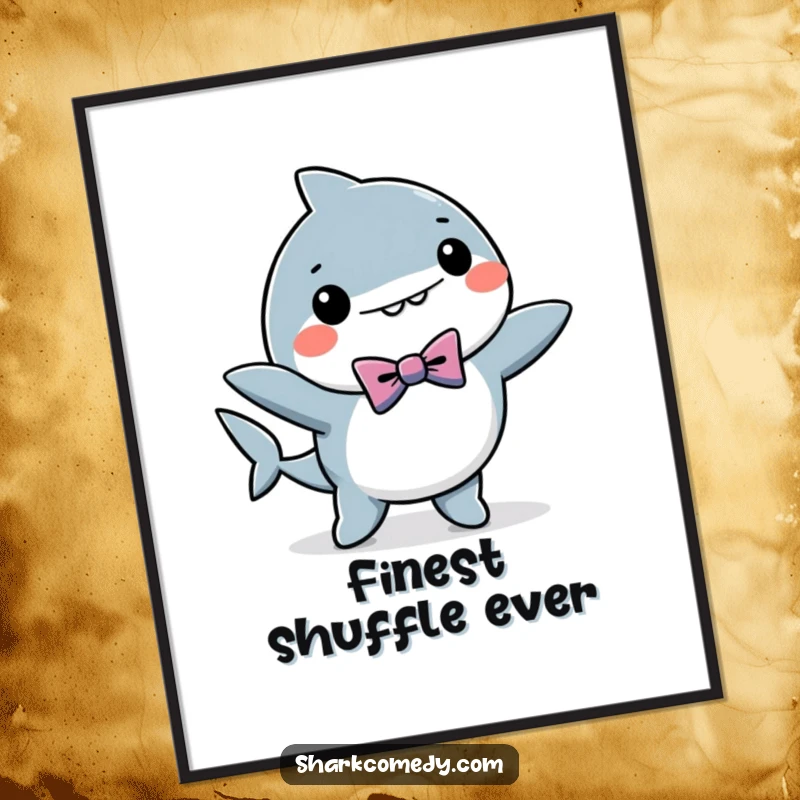 Funny kawaii shark digital art showing a shark in a bow tie performing a lively dance, perfect for instant humorous decoration.