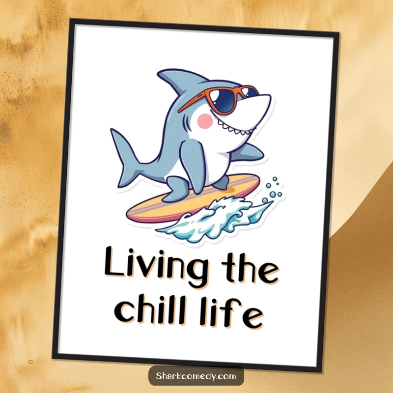 Funny cool shark digital art print of a shark wearing sunglasses, surfing a tiny surfboard on a wave, perfect for instant beach decor.