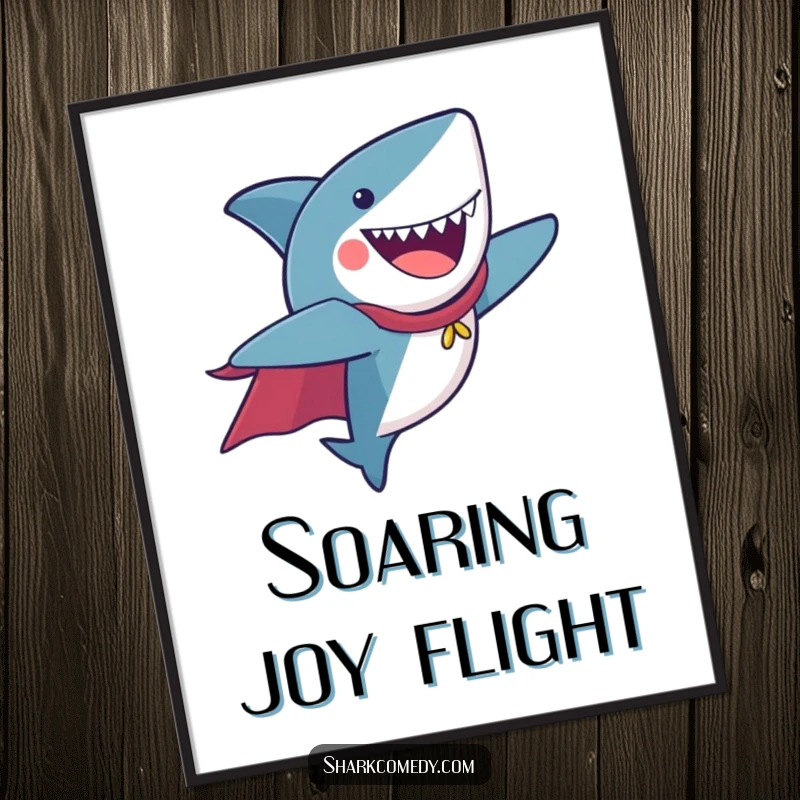 Funny Digital Art Print of a shark wearing a cape, flying joyfully, ideal for heroic decor.