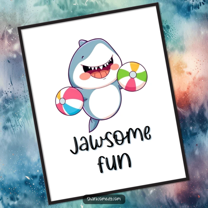 Funny smiling shark juggling colorful beach balls, available as an instant download digital art print for decor.