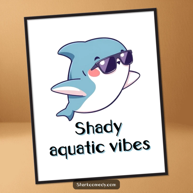 Funny kawaii shark wearing sunglasses doing a playful flip, available as a digital art print for instant humorous wall decor.