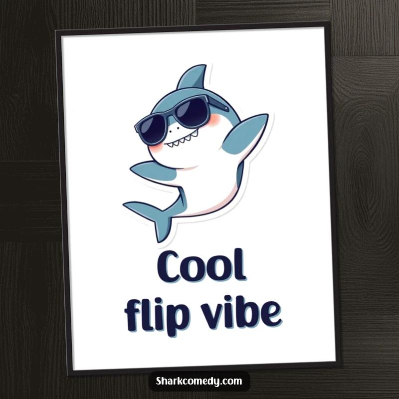 Funny digital art print of a kawaii shark wearing sunglasses, performing a playful flip, exuding cool and carefree energy.