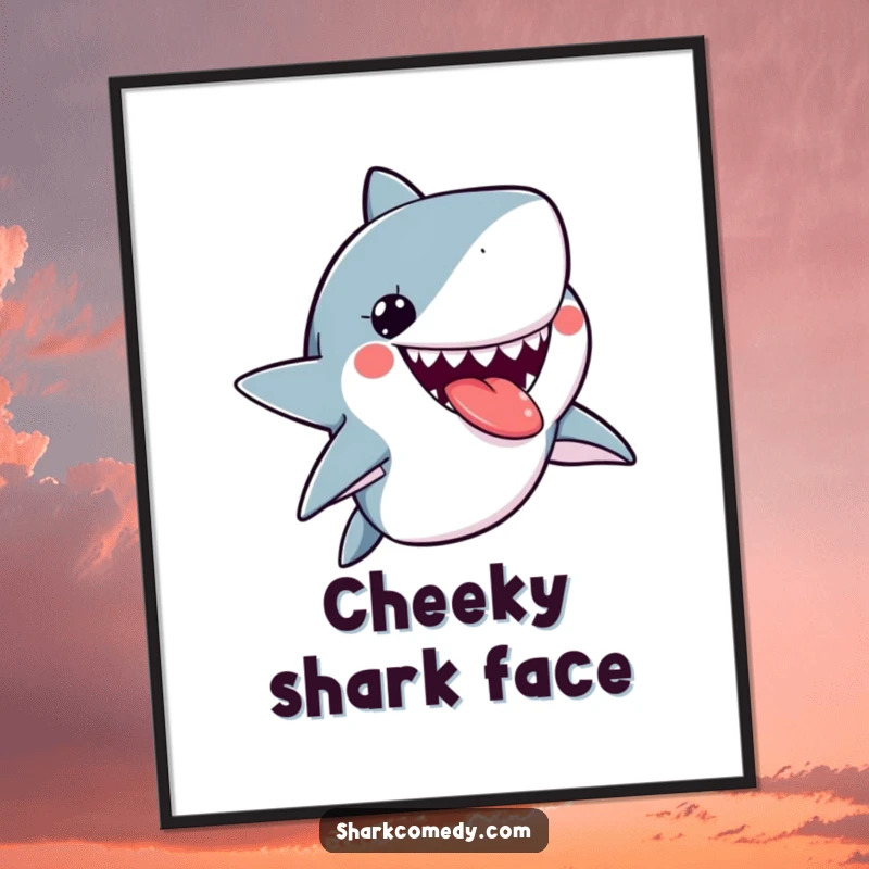 Funny kawaii shark digital art print of a cute shark sticking its tongue out playfully, radiating a fun and cheeky vibe.