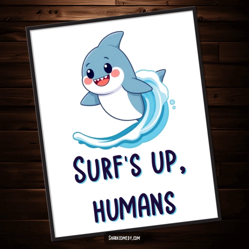 Funny Kawaii Shark Digital Art: High-resolution art of a shark riding a wave, perfect to frame.