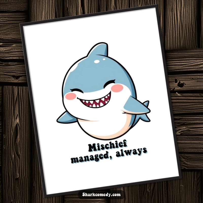 Funny Kawaii shark digital art print, a cute shark winking with a mischievous smile, for instant playful, humorous wall decor.