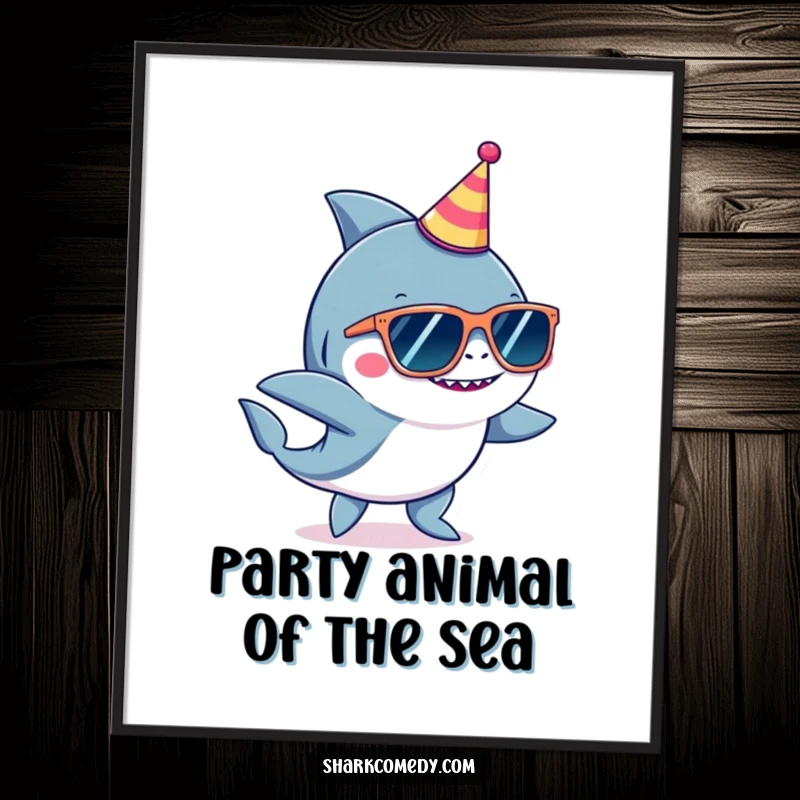 Funny shark wearing oversized sunglasses and a tiny party hat, dancing energetically on a downloadable digital art print.