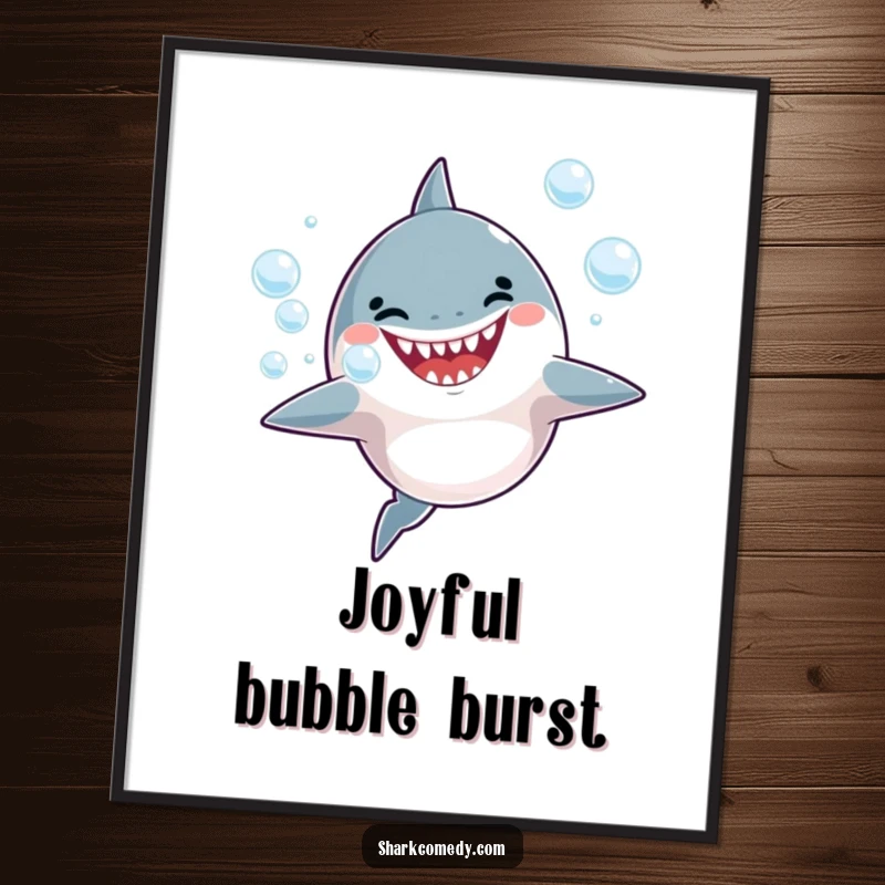 Funny Digital Art Print of a joyful shark blowing bubbles, ideal for cheerful ocean-themed decor.