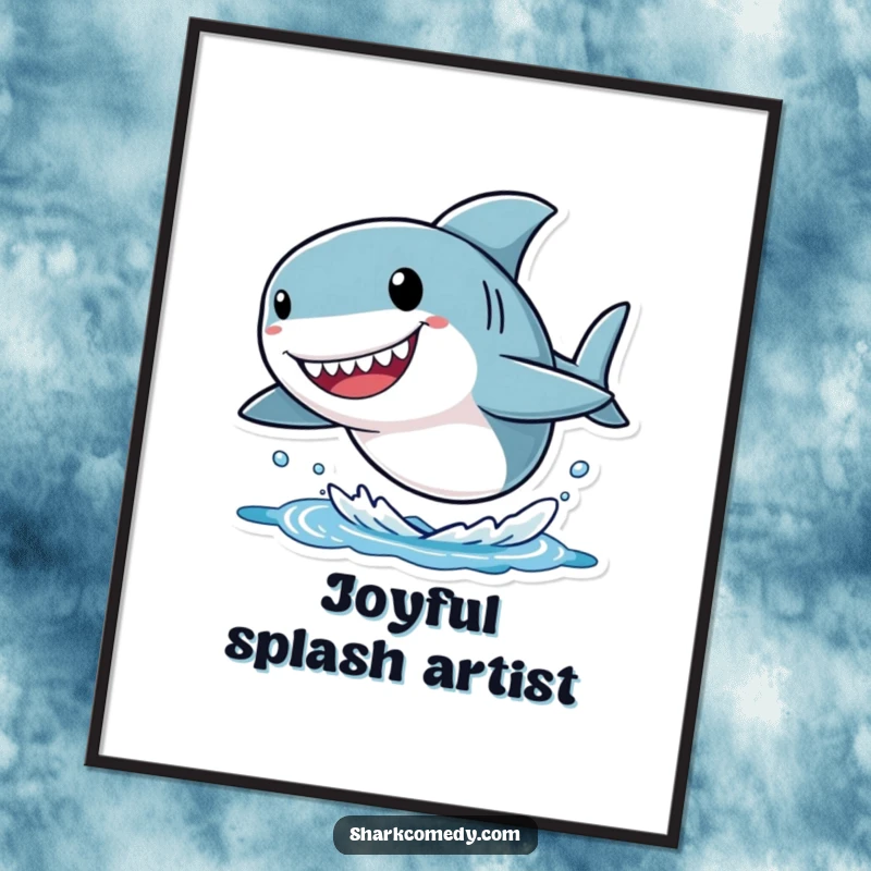 Funny shark digital art print of a small character with an oversized head, joyfully leaping out of the water, conveying infectious happiness and humor.