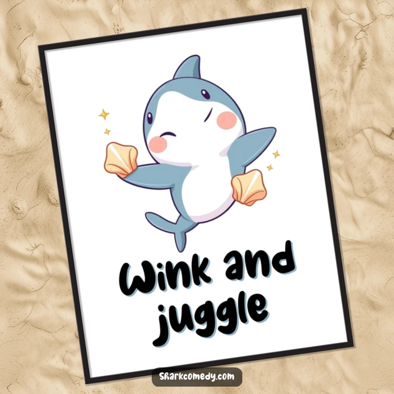 Funny shark digital art print, an image of a shark winking and juggling three shiny seashells, full of playful aquatic talent.
