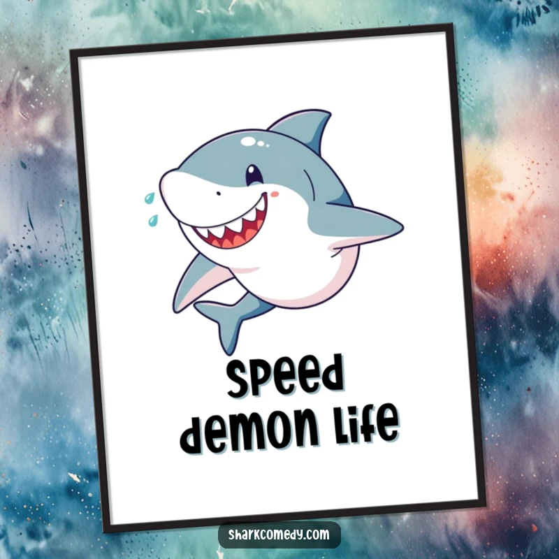 Funny digital art print of a happy, determined shark sprinting with sweat flying, symbolizing speed, focus, and an unstoppable spirit.