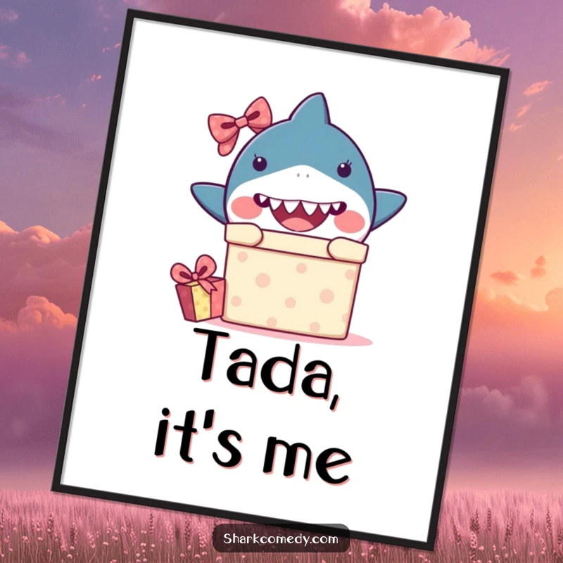 Funny kawaii shark digital art showing a shark peeking from a gift box with surprise, perfect for instant humorous decoration.