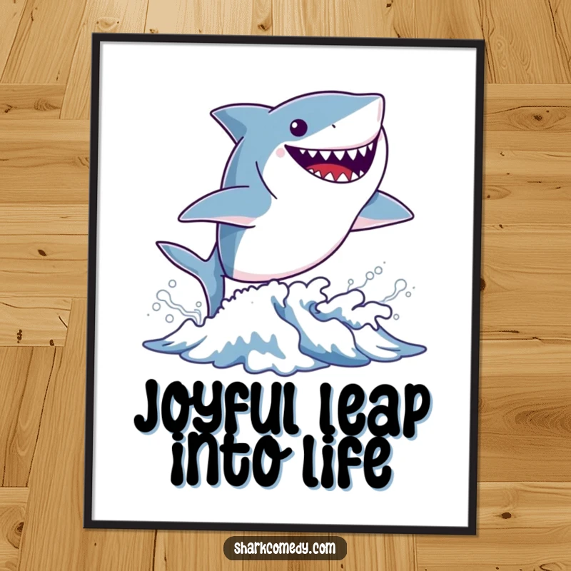 Funny tiny shark digital art print of a small shark leaping from a wave with a wide, joyful grin, perfect for instant ocean decor.