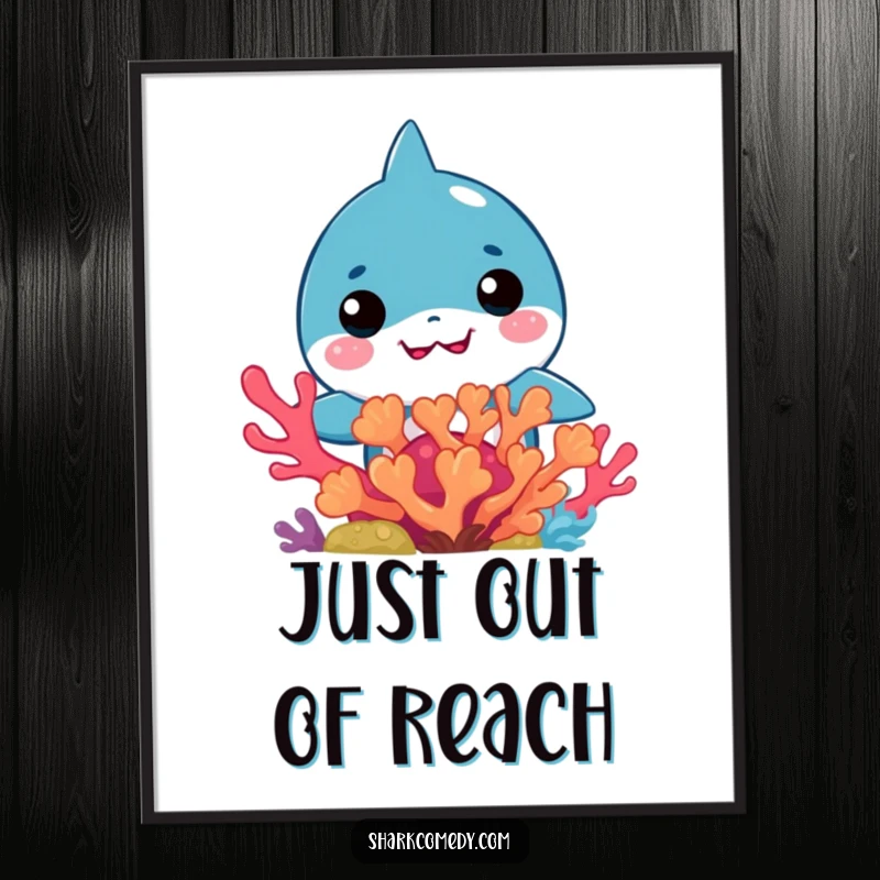 Funny Kawaii Shark Digital Art: Printable artwork of a cute kawaii shark peeking from vibrant coral.