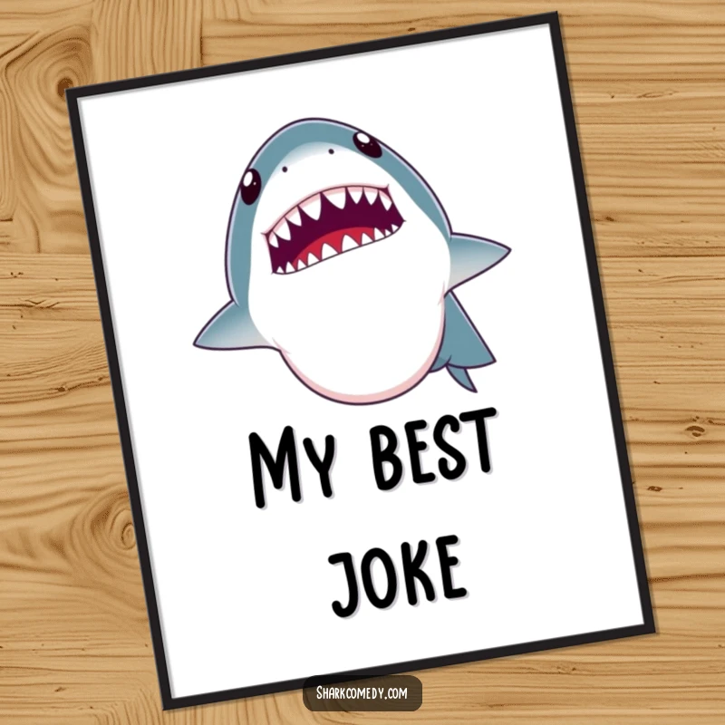 Funny digital art print: shark opening its mouth wide as if telling a joke, revealing tiny teeth. High-res, humorous.