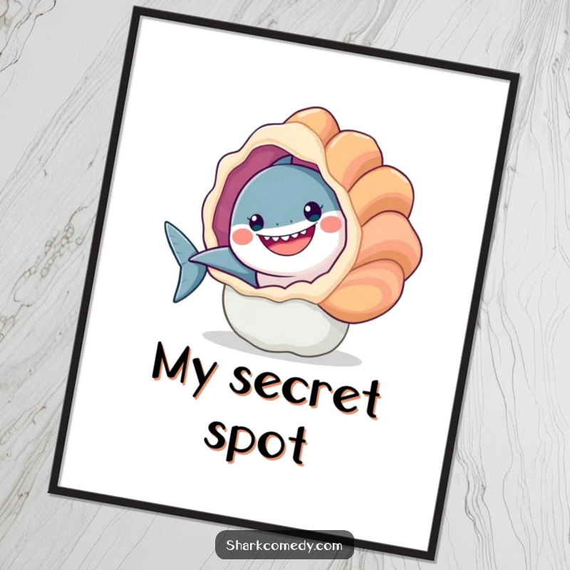 Funny digital art print of a happy shark peeking from behind a large, colorful seashell. Whimsical and cheerful.