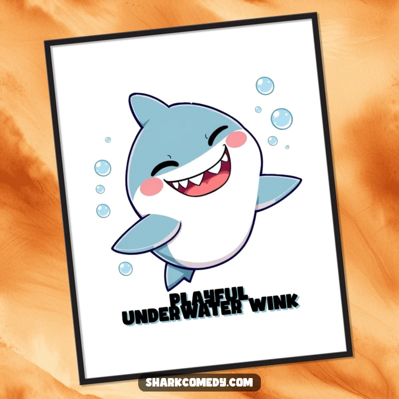 Funny digital art print of a cute, kawaii shark giving a mischievous wink while playfully chasing bubbles, creating a fun and cheeky visual.
