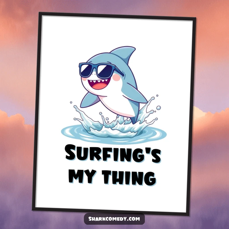 Funny tiny shark digital art showing a shark with sunglasses leaping joyfully from a water splash, perfect for instant humorous decoration.