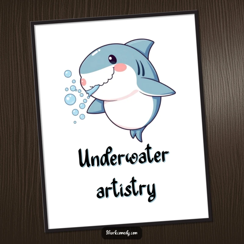Funny shark digital art print blowing bubbles, playful underwater scene, instant downloadable wall art funny gift.
