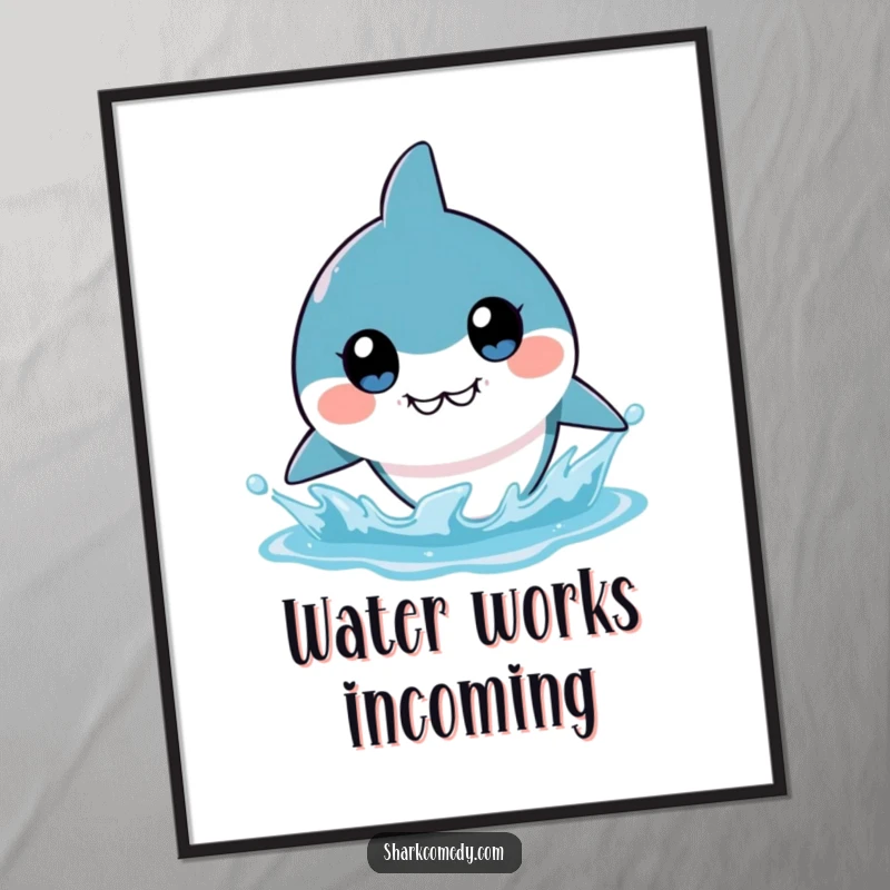 Funny kawaii shark digital art showcasing big, wide eyes about to create a massive water splash, perfect for instant humorous decoration.