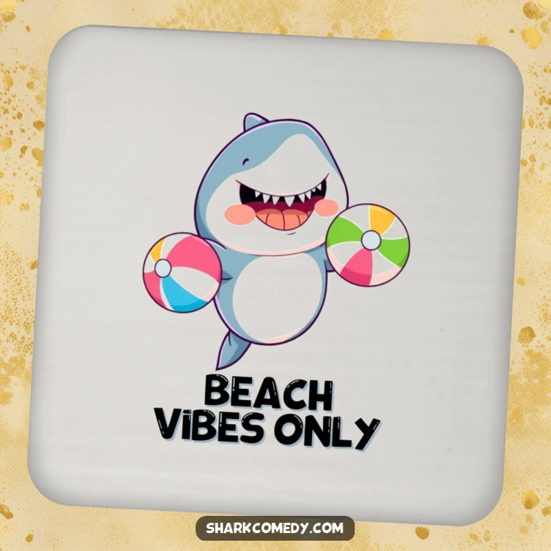 Funny shark juggling beach balls, illustrated on a protective drink coaster, adding seaside humor to gatherings.