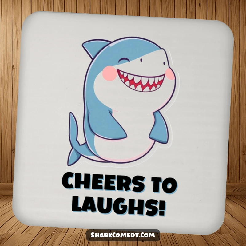 Funny giggling shark coaster with a shark laughing uncontrollably with its belly, bringing amusement to table protection.