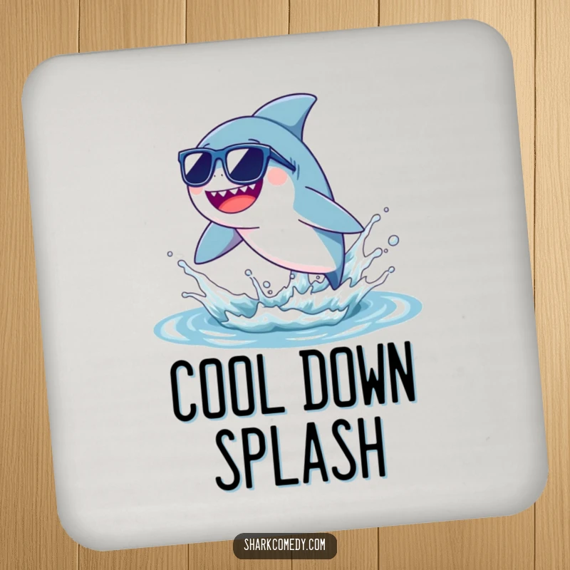 Funny tiny shark drink coaster featuring a shark in sunglasses leaping from a water splash, adding humor and protection.