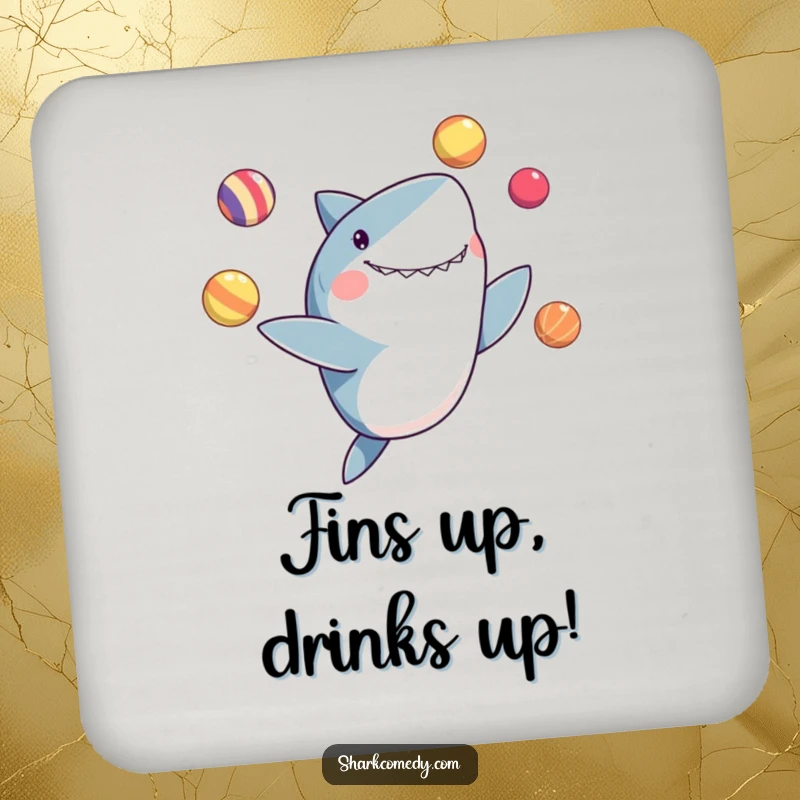 Funny drink coaster with an illustration of a shark delightedly juggling colorful balls with its fins, bringing circus fun.
