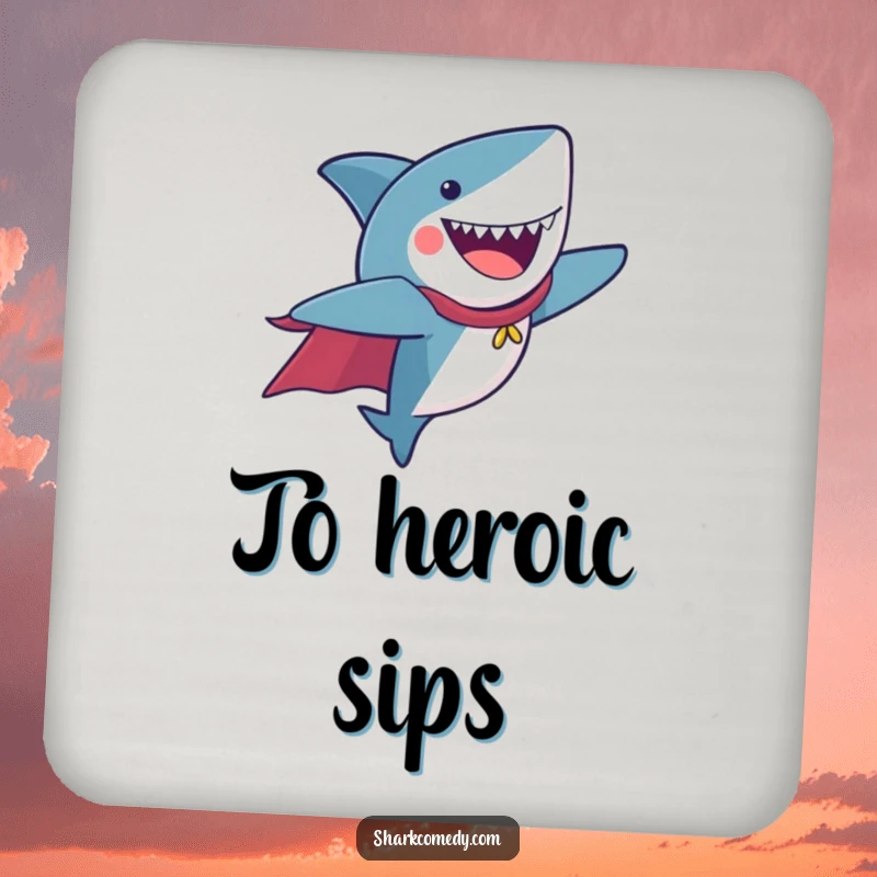 Funny Drink Coaster featuring a shark wearing a cape, flying joyfully, adding heroic charm.