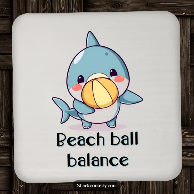 Funny kawaii shark drink coaster featuring a cute shark balancing a beach ball on its nose, adding humor to tabletops.