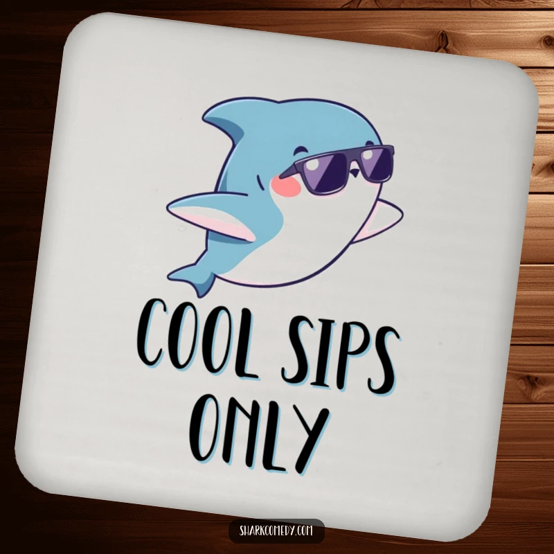Funny kawaii shark wearing sunglasses doing a playful flip on a drink coaster, protecting surfaces with style and humor.