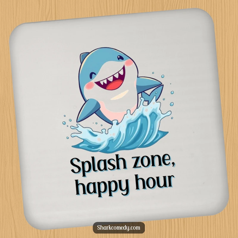 Funny Kawaii shark drink coasters, a cute shark leaping from splashing water, providing humorous protection for surfaces.