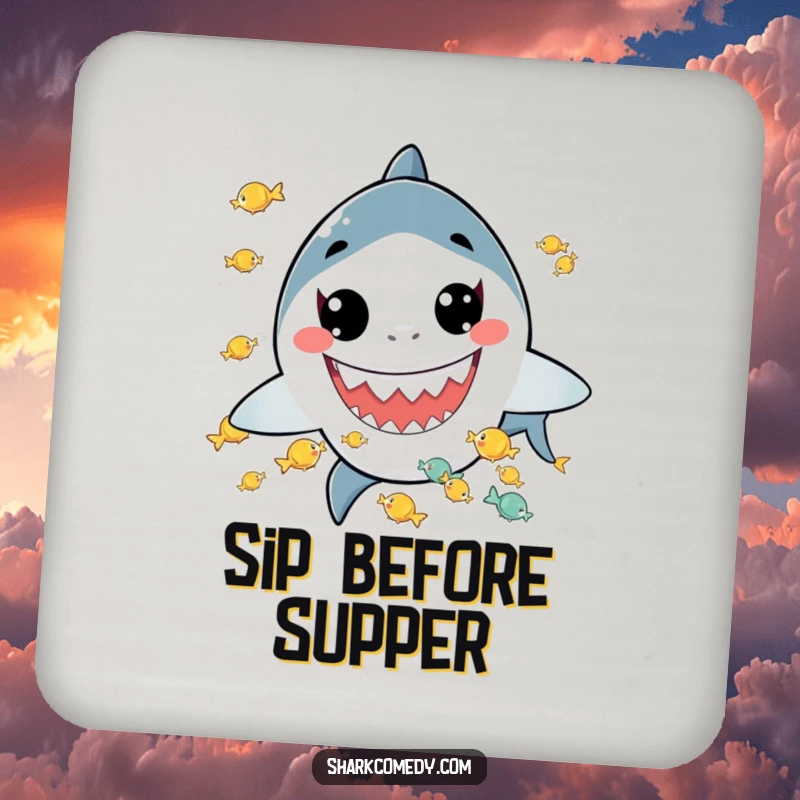 Funny drink coaster showcasing a kawaii shark with a wide grin juggling tiny fish, adding a playful and humorous touch to any table.