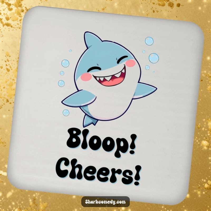 Funny drink coaster featuring a kawaii shark winking mischievously while chasing bubbles, adding a cute and protective touch.