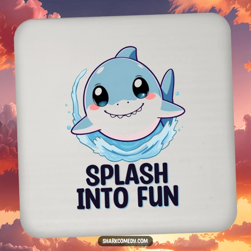 Funny shark coaster featuring a cute character with wide eyes, swimming fast and splashing water, designed to protect tables with ocean-themed humor.