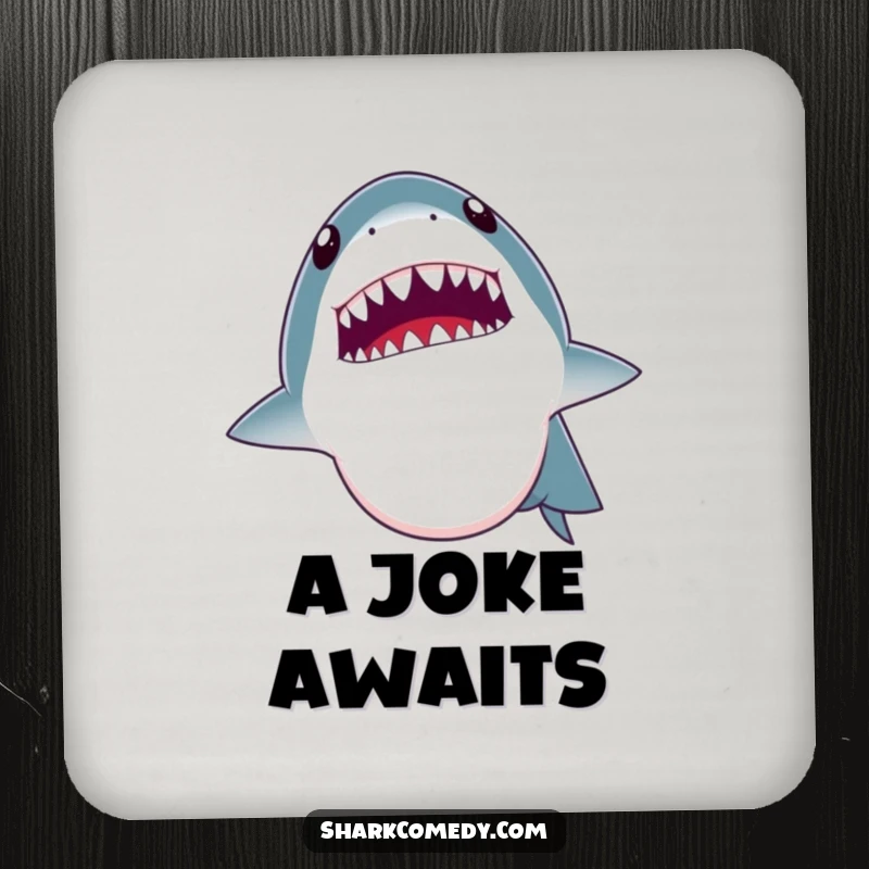 Funny coaster design: shark opening its mouth wide as if telling a joke, revealing tiny teeth. Protects surfaces humorously.