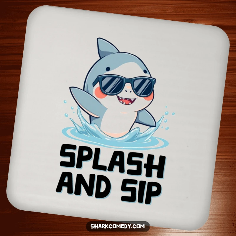 Funny Shark Sunglasses Coaster featuring a cool shark in sunglasses, playfully splashing water, protecting surfaces with style.