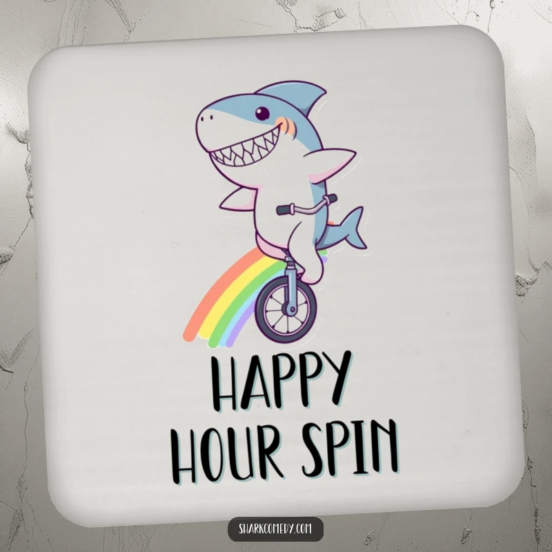 Funny shark character coasters, with a goofy grin, riding a unicycle on a rainbow, a whimsical and humorous set for drinkware.